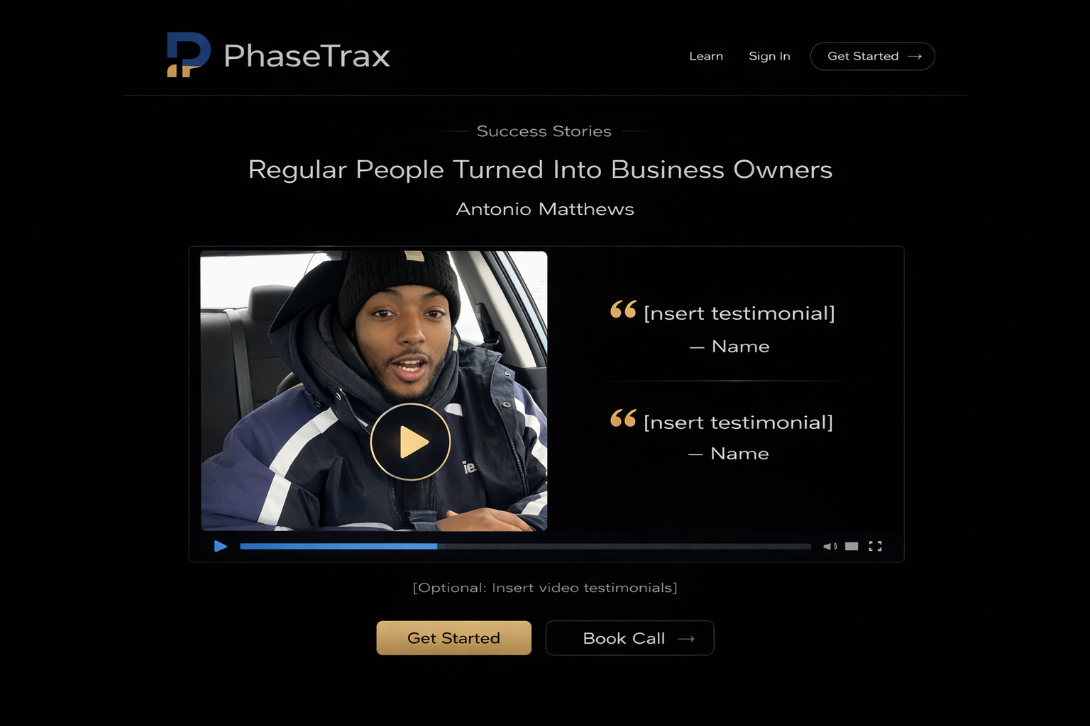 Video testimonial frame with a man in winter wear, alongside placeholder text for testimonials and business buttons.