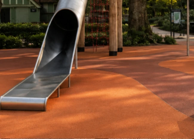 Slide on rubber surface at resn bound outdoor playground area surrounded by trees and buildings.