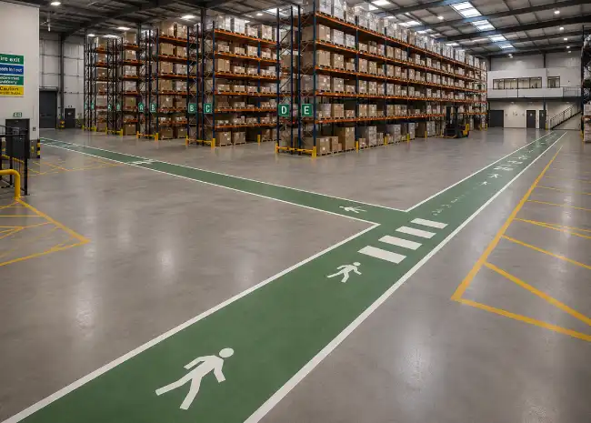 Warehouse floor with green walkway and shelving units labeled resn bound for pedestrian traffic flow.