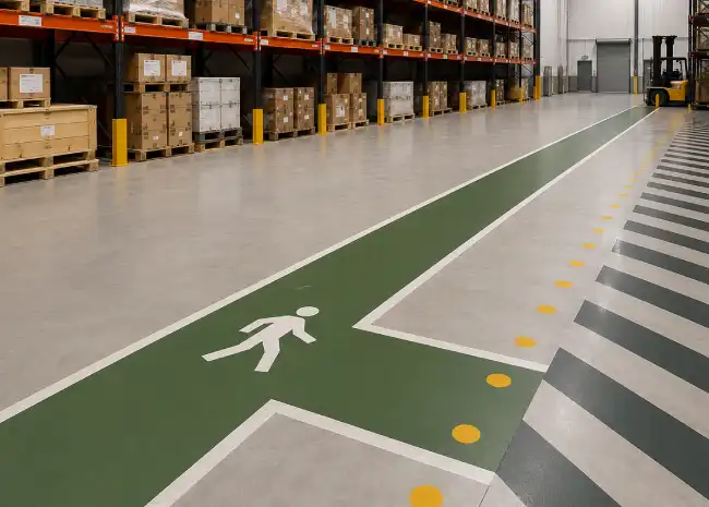 Warehouse aisle with green walkway and pedestrian sign, resn bound logistics storage area.
