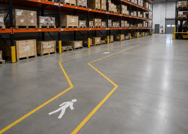 Warehouse floor with yellow lines and walking path, resn bound storage area with shelving units.