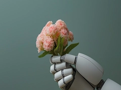Robotic Hand with Pink Flowers