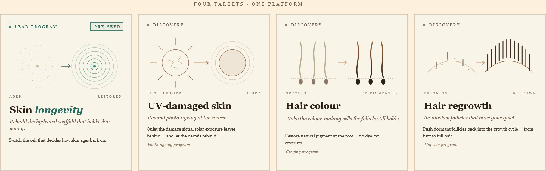 Four Targets One Platform Graphic showing Skin longevity, UV-damaged skin, Hair colour, and Hair regrowth