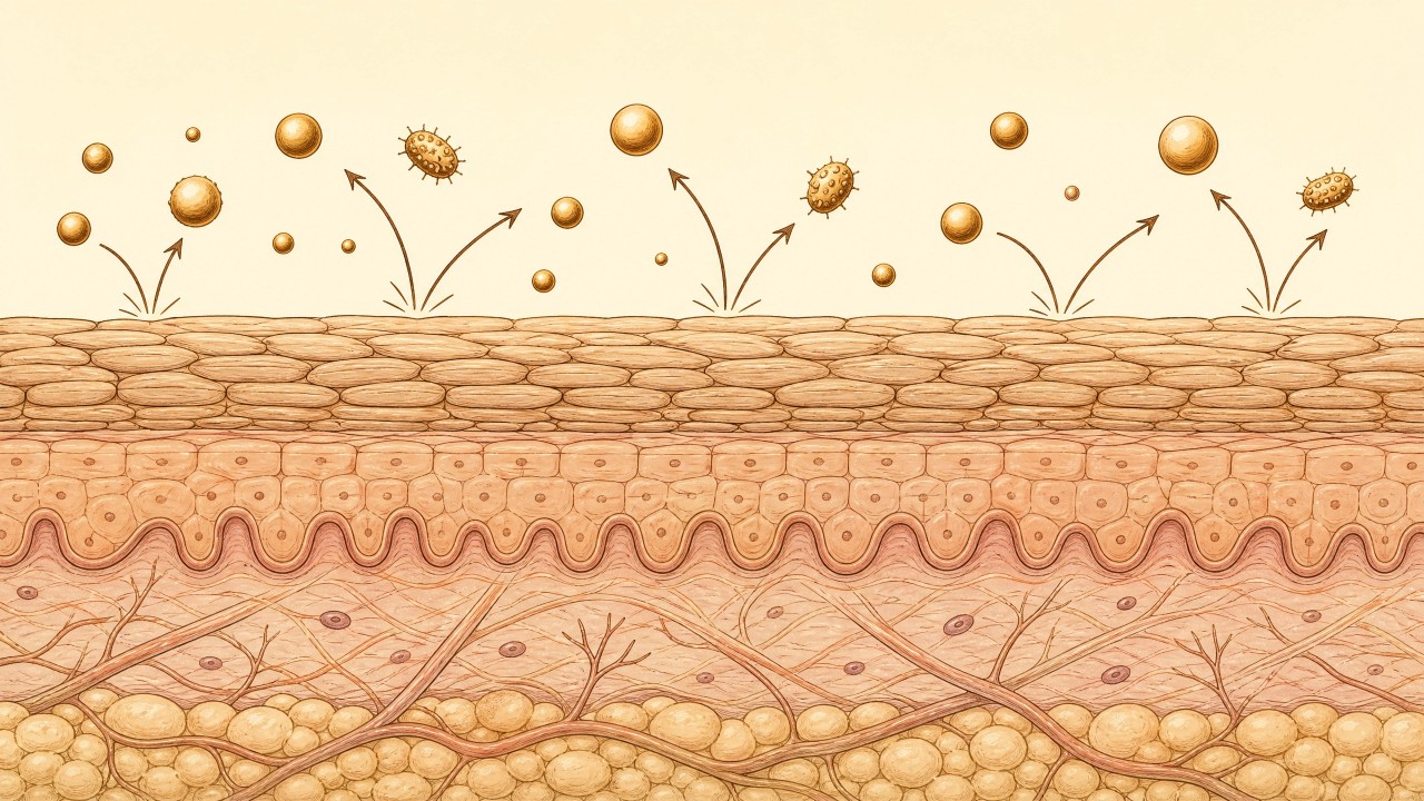 Skin barrier with particles bouncing off
