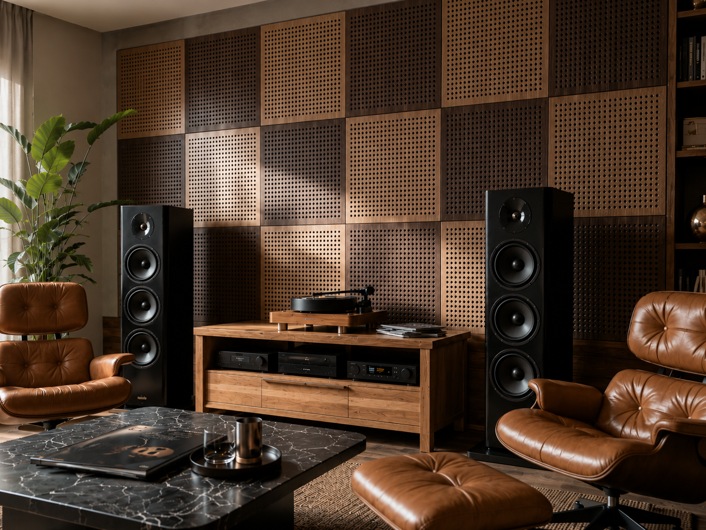 Paneles Element Wood en roble y nogal en salón de audio de alta fidelidad