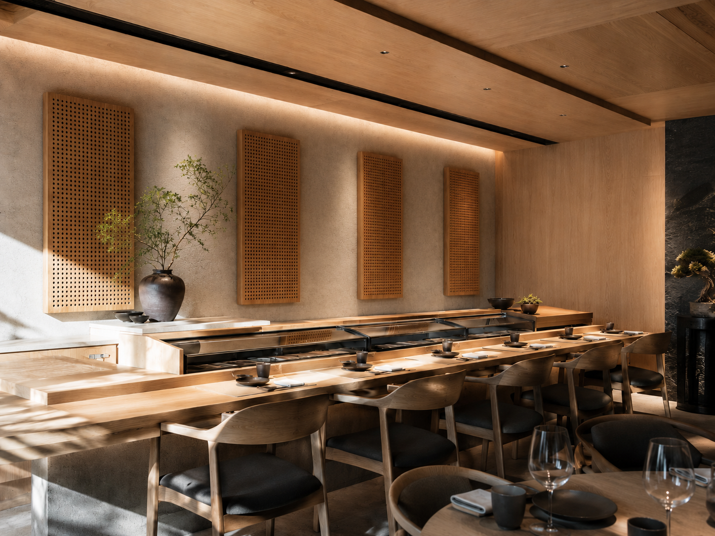 Paneles Element Wood de roble microperforado en restaurante japonés