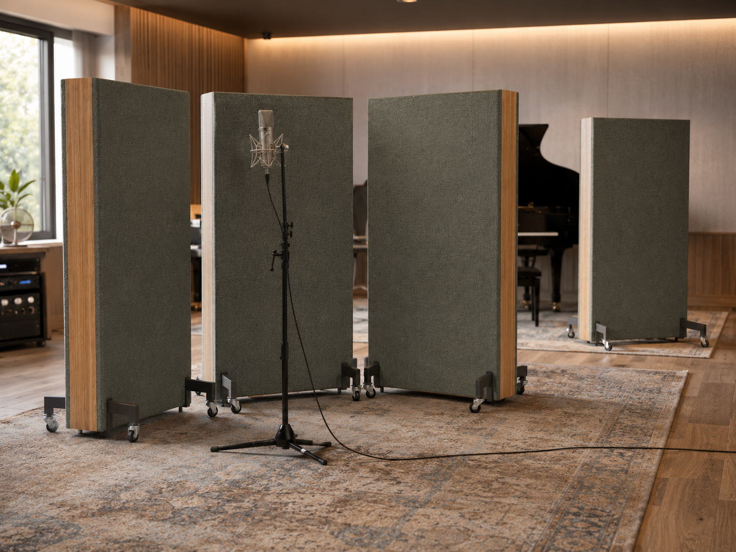 Gobo móvil ACUSTEX textil separando cabina de voz y piano en estudio
