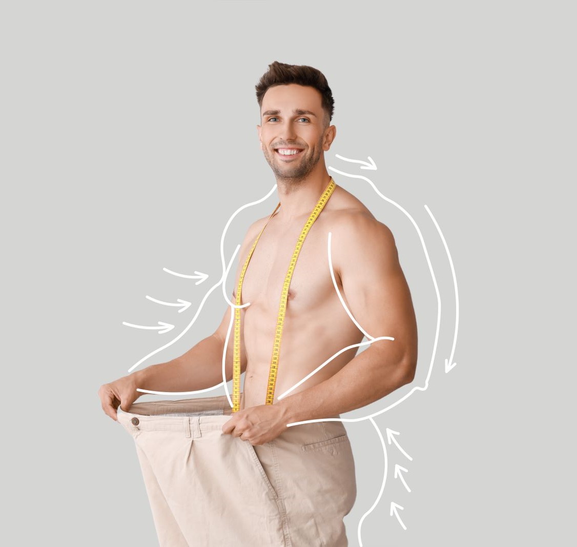 man holding out pants