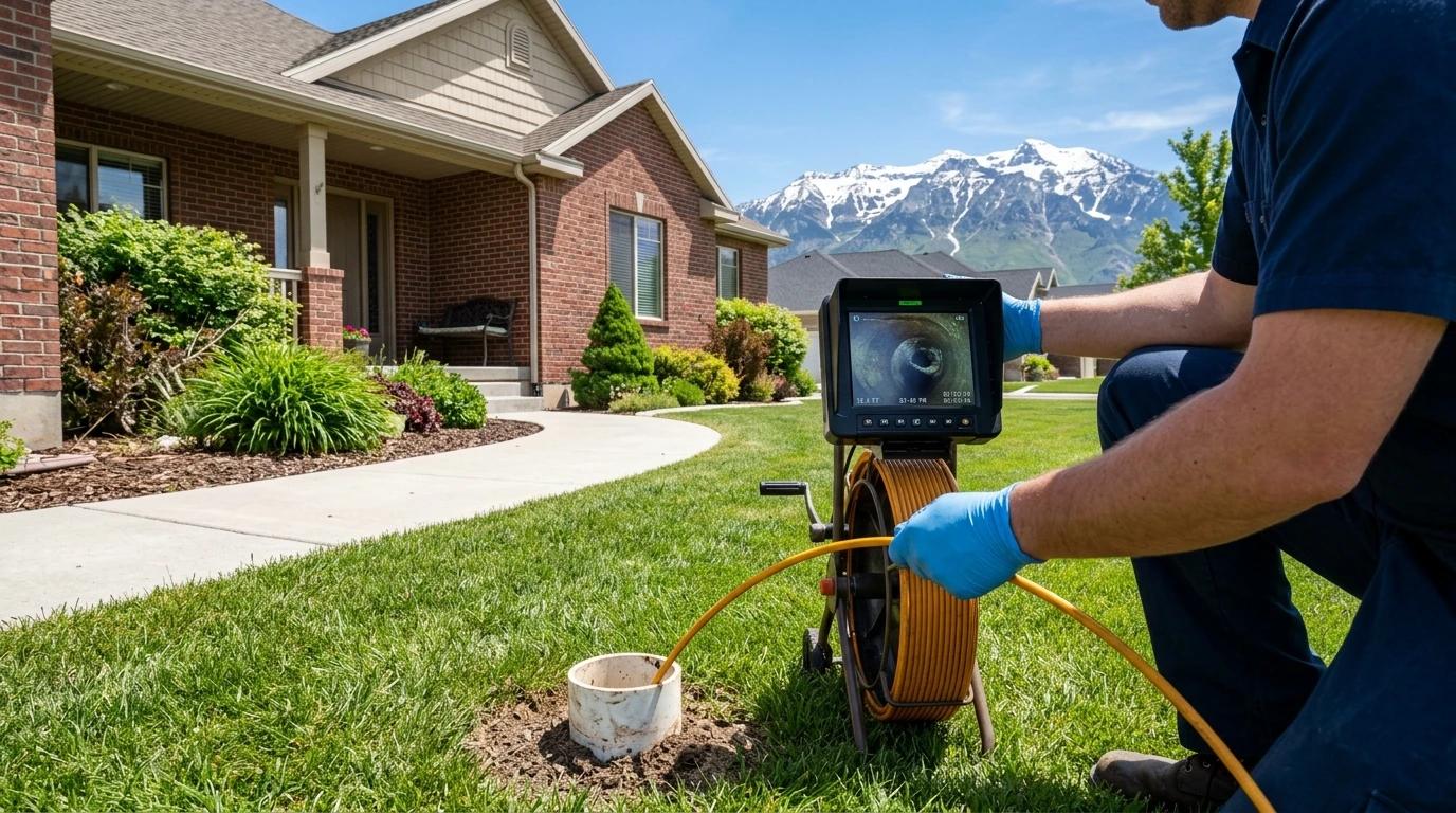A friendly licensed plumber technician in a Huskies Leak Detection style uniform kneels next to an open cleanout in the front yard of a well-kept American Fork, UT home. He holds a sewer camera inspection tool with the screen visible. Mt. Timpanogos...
