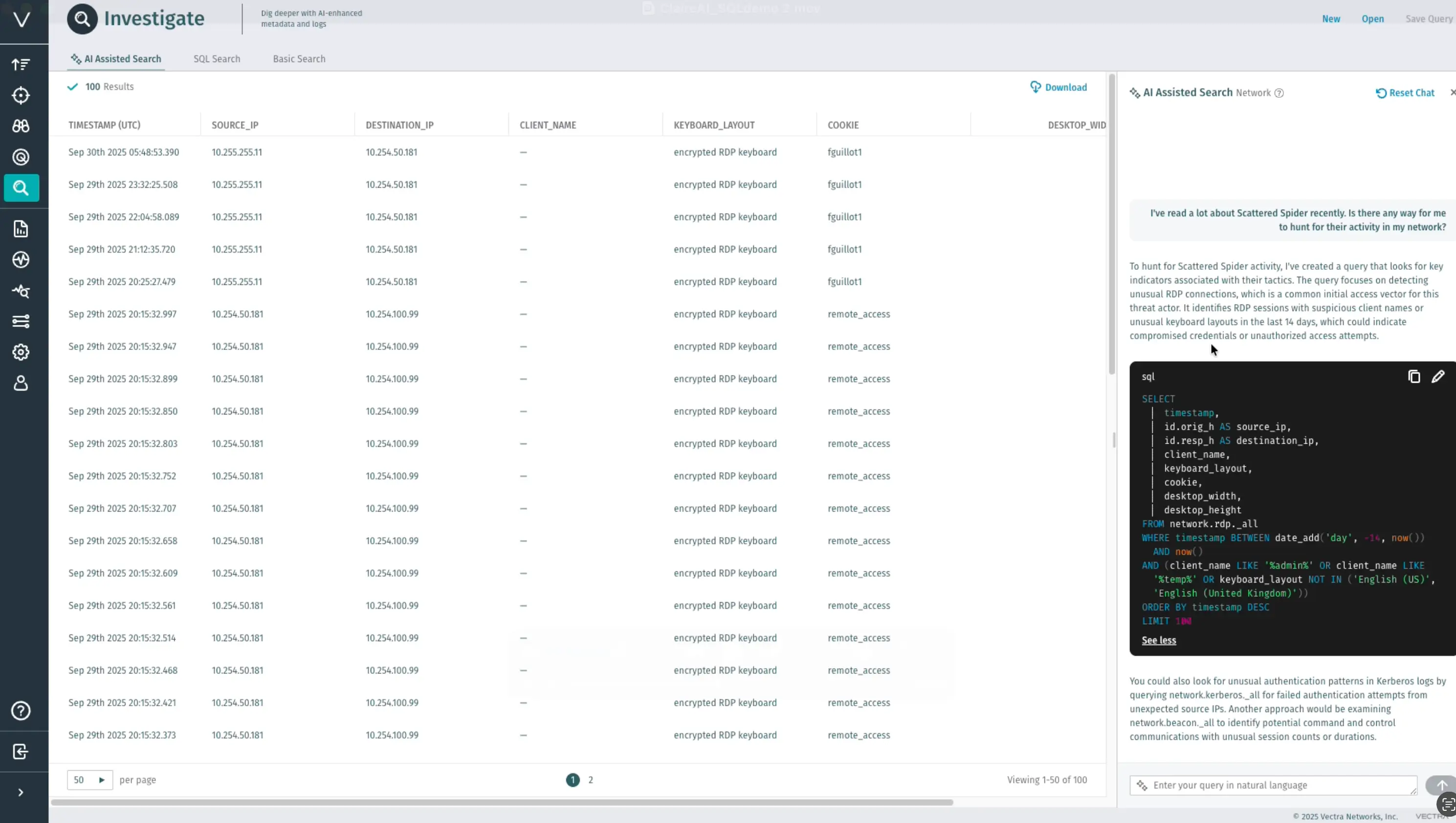 Vectra AI assisted search