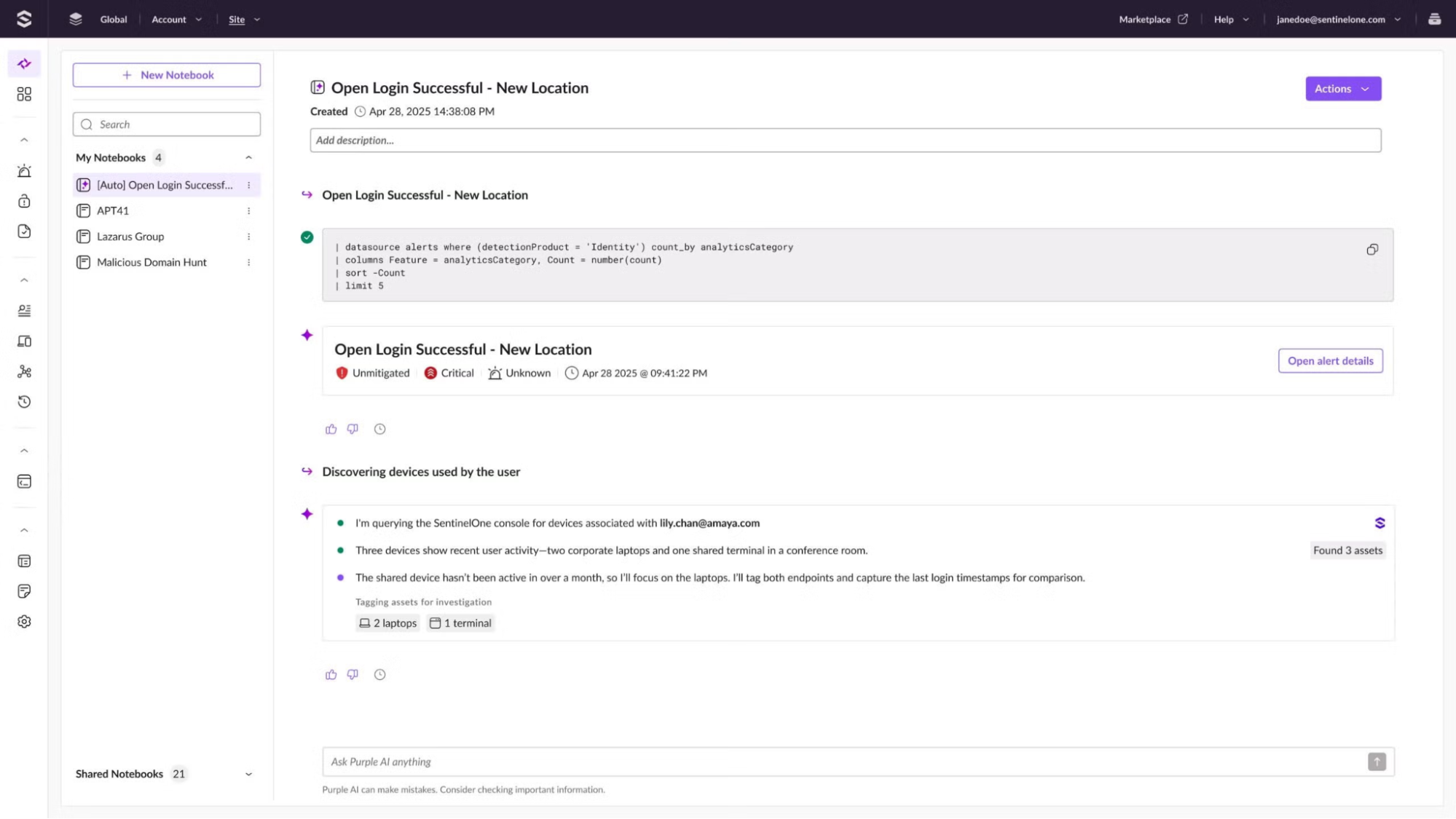 SentinelOne Purple AI agentic workflow interface