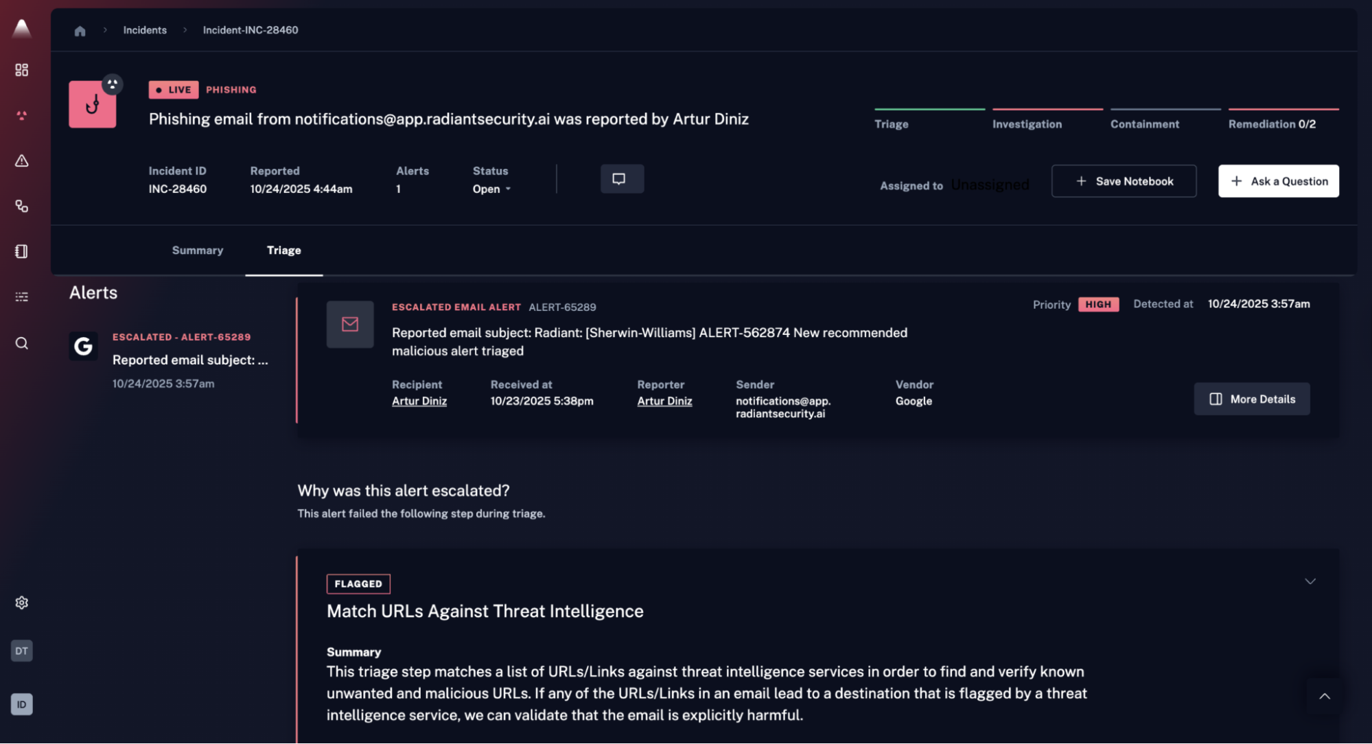 Radiant Security AI triage dashboard