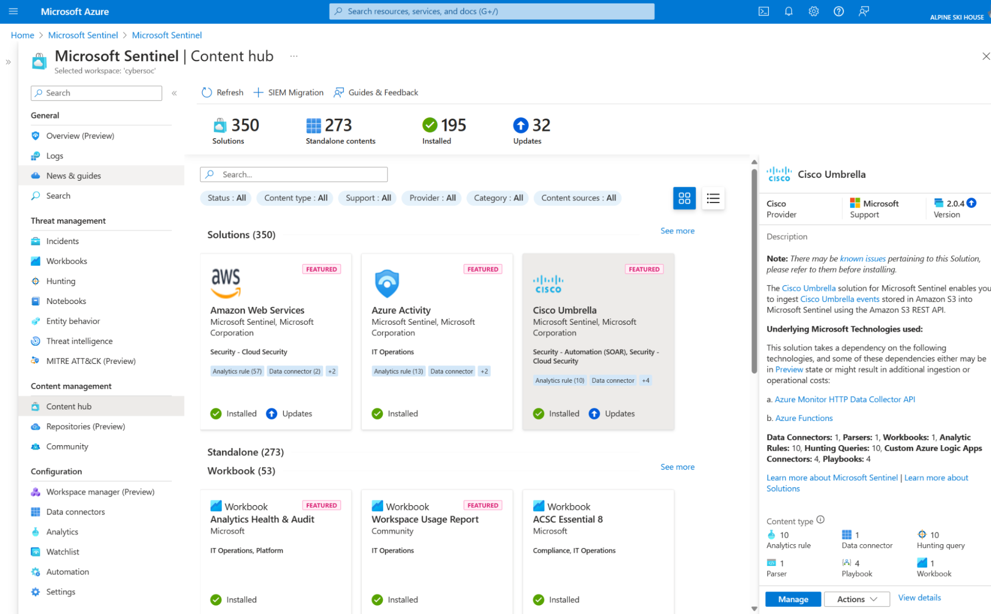 Microsoft Sentinel content hub in the Azure portal