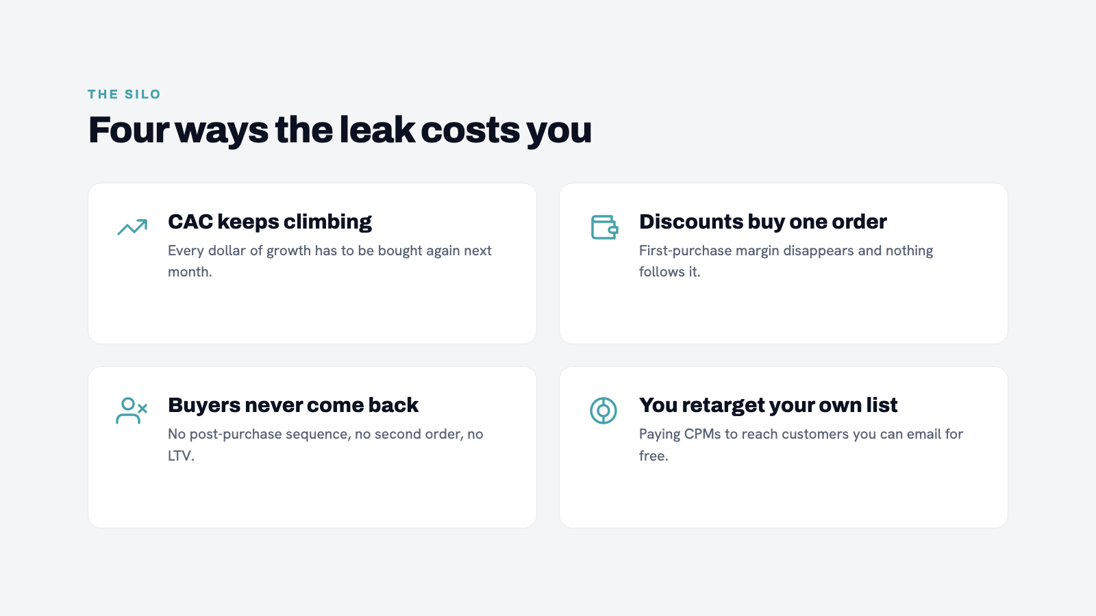 Four-panel illustration showing each of the four leak scenarios. Simple iconography, CSG brand colors.