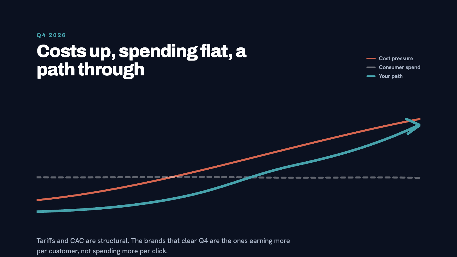 Abstract economic chart visual showing rising costs and flat revenue, with a teal arrow finding an upward path through t