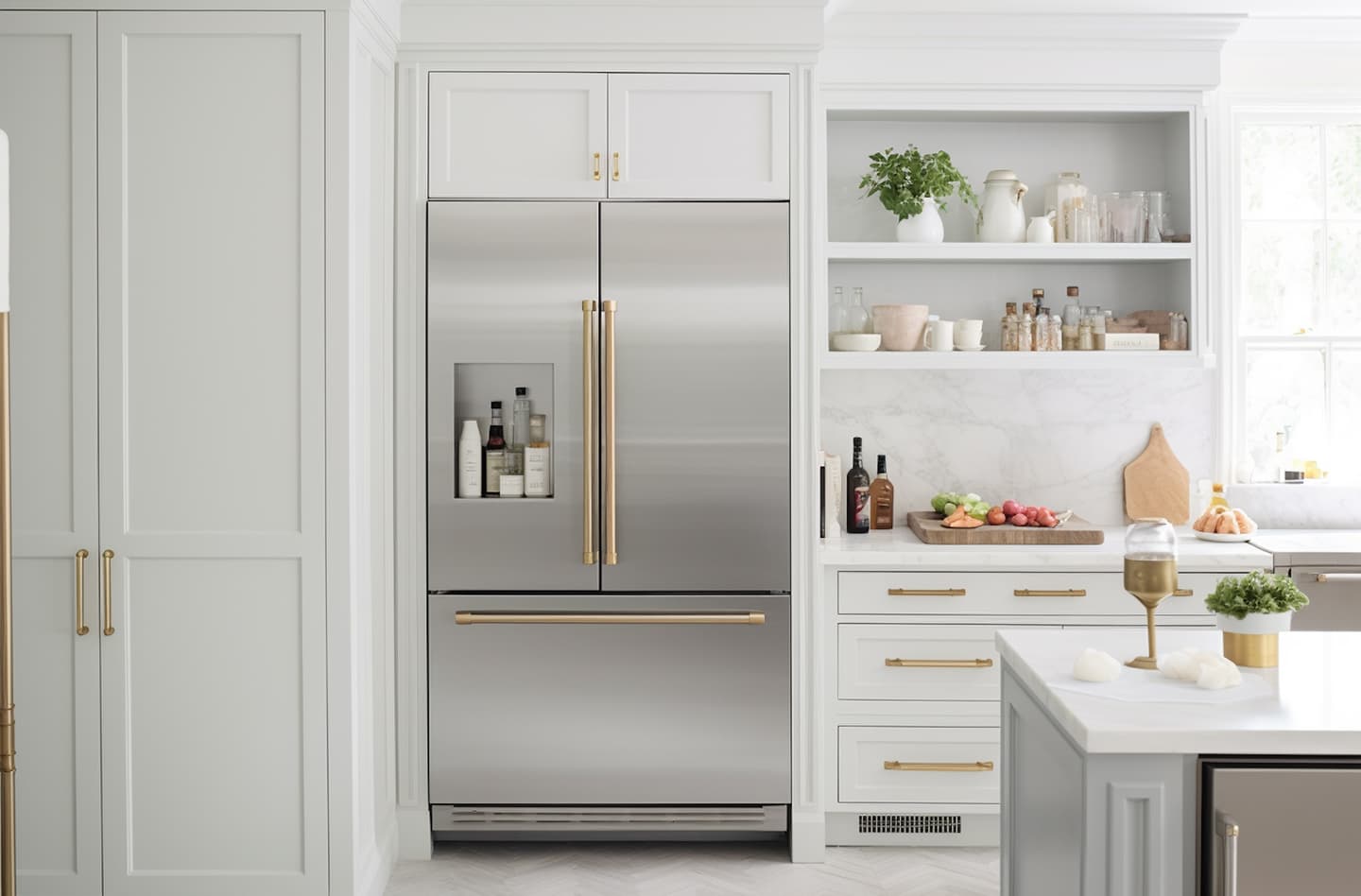Kitchen with a stainless steel refrigerator