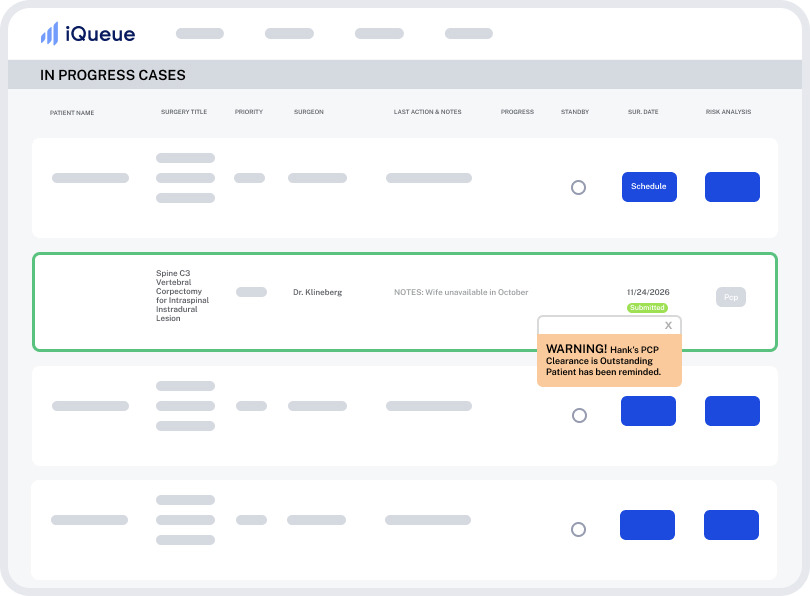 iQueue screenshot showing a surgeon's daily OR schedule and task list