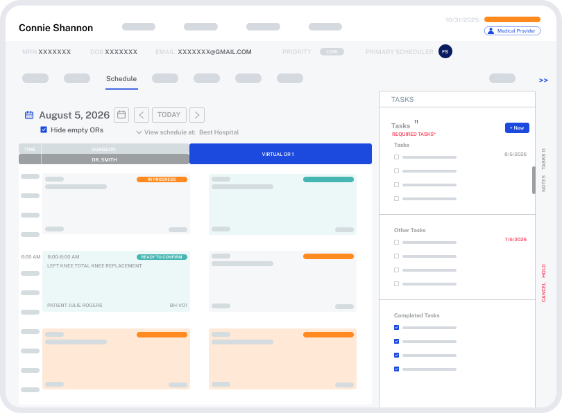 iQueue screenshot showing a surgeon's daily OR schedule and task list