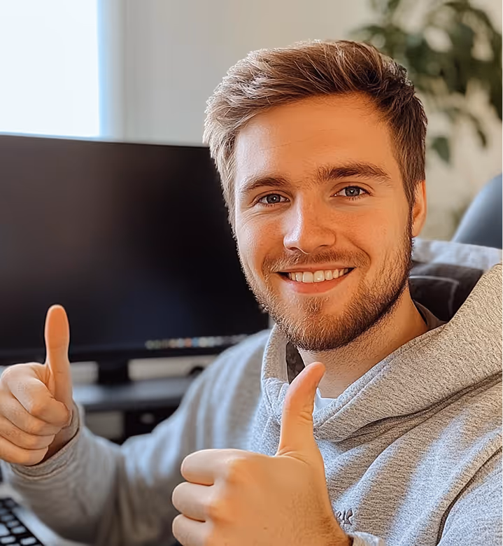 Smiling young man in a gray hoodie giving two thumbs up in front of a computer monitor.