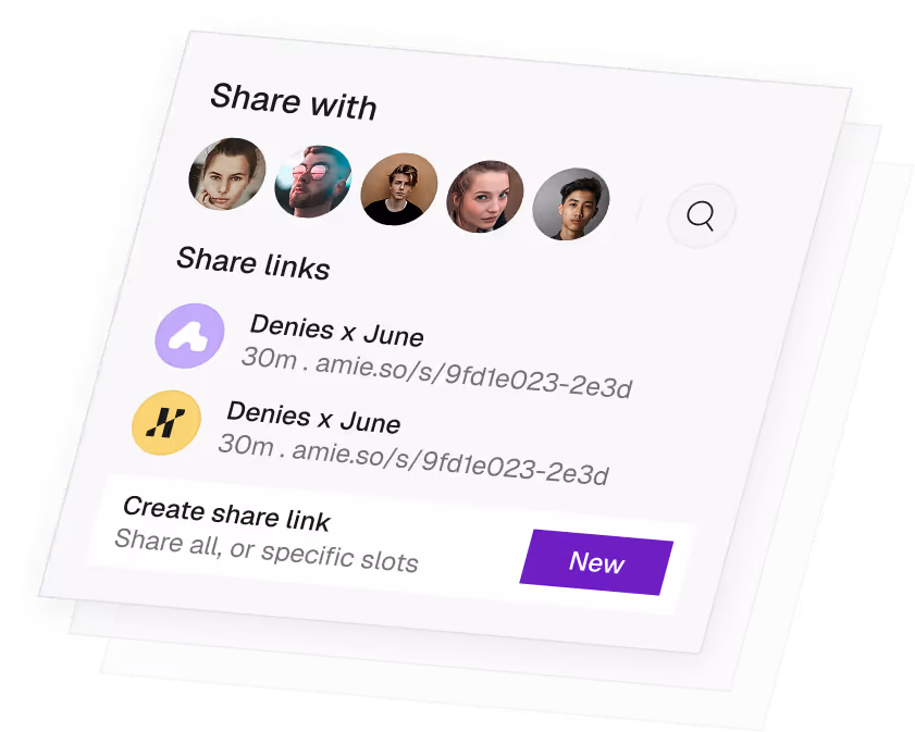 Interface showing a share panel with profile pictures for sharing, two share links labeled 'Denies x June' with URLs, and a button labeled 'New' for creating a share link.