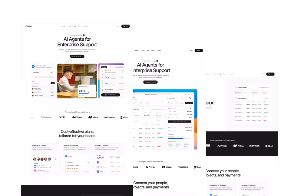 Website homepage showcasing AI agents for enterprise support with dashboard screenshots, user interface elements, and client logos.
