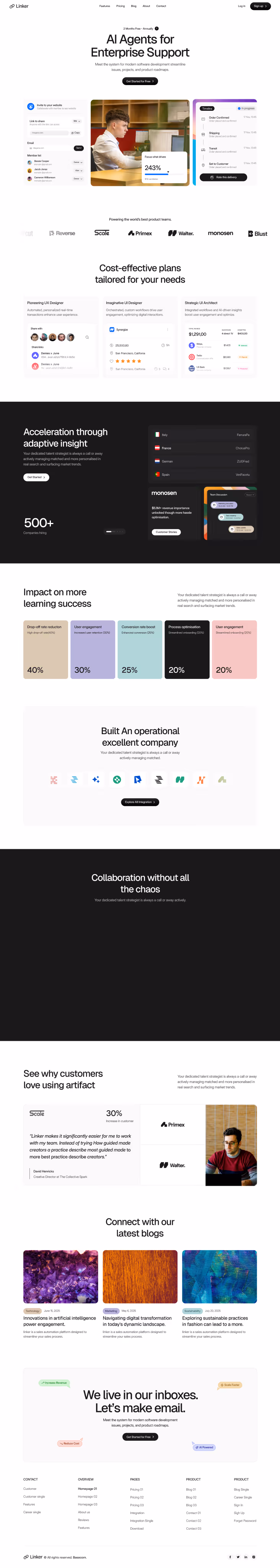 Homepage for AI agents in enterprise support featuring pricing plans, user interface screenshots, customer logos, performance stats, success impact charts, partner integrations, testimonials, blog previews, and a newsletter signup section.