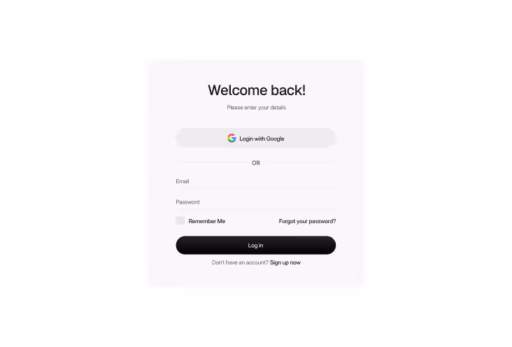 Login form window with 'Welcome back!' greeting, fields for email and password, options to log in with Google or remember the user, a 'Forgot your password?' link, and a button to log in or sign up.