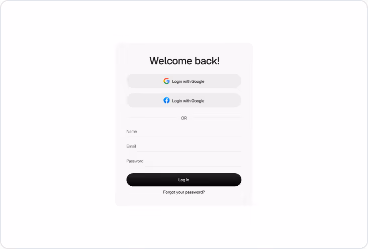 Login form with welcome message, options to log in with Google or Facebook, fields for name, email, password, and a black Log in button.