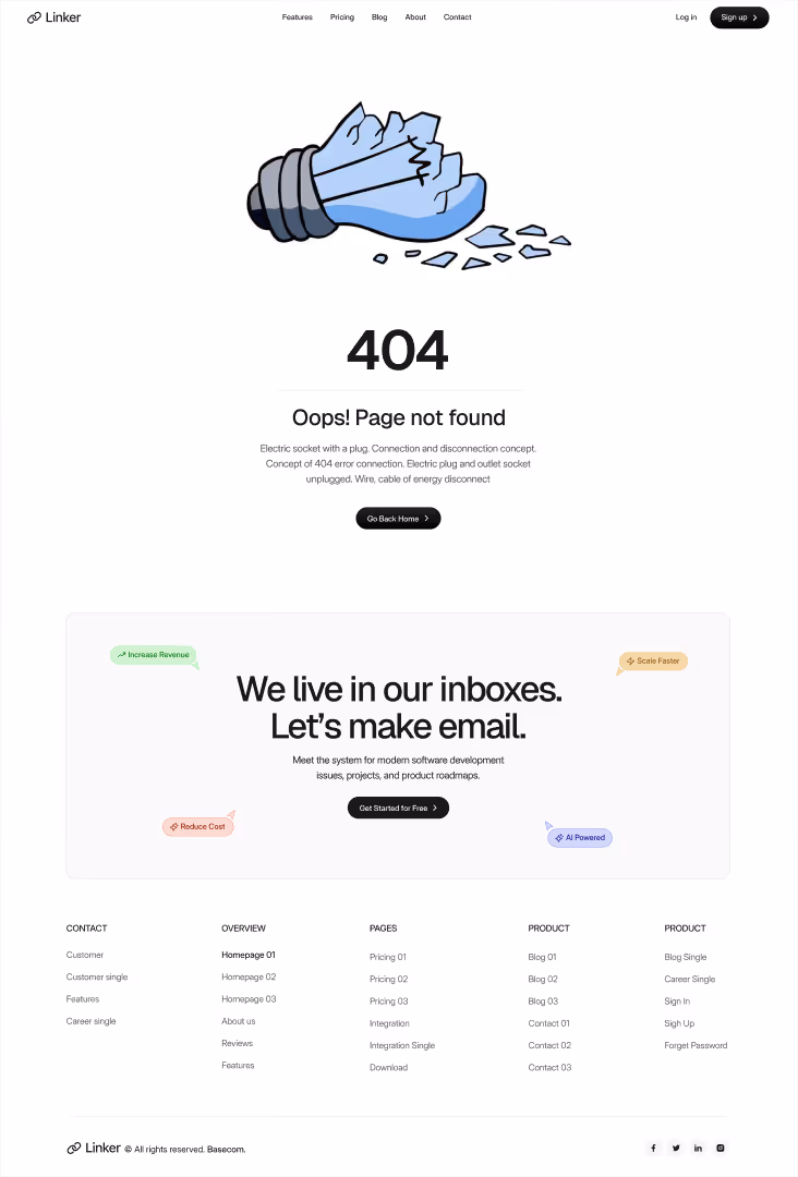 Broken blue light bulb illustration above 404 error message with text 'Oops! Page not found' and a button to go back home.
