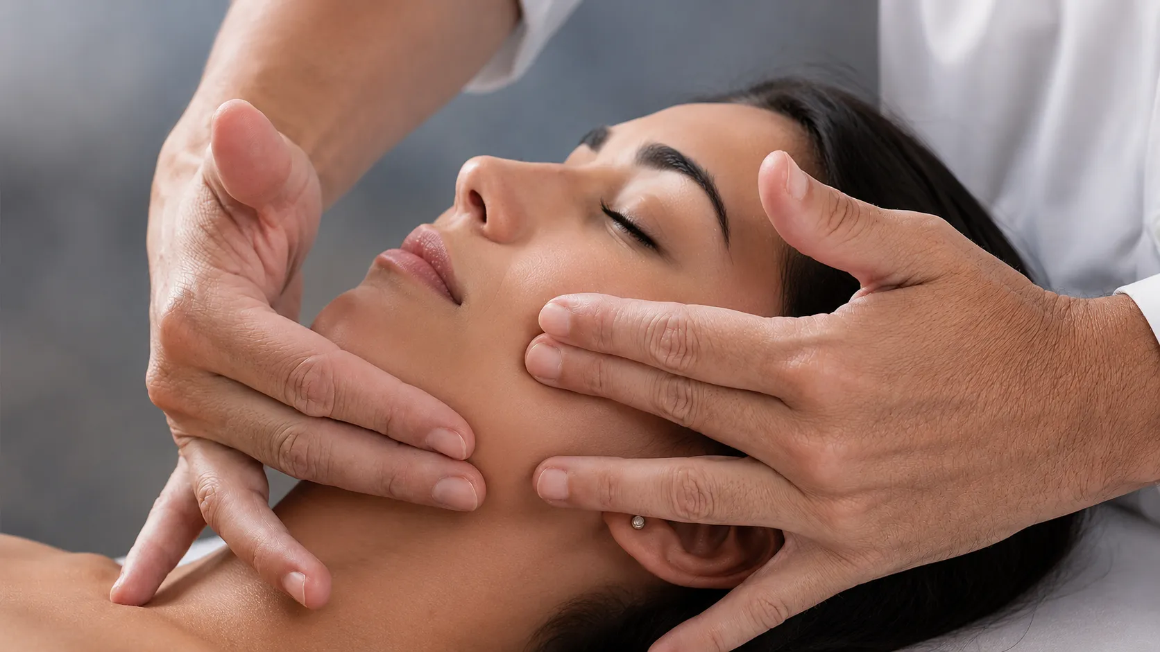 Woman with closed eyes receiving gentle facial massage with hands.