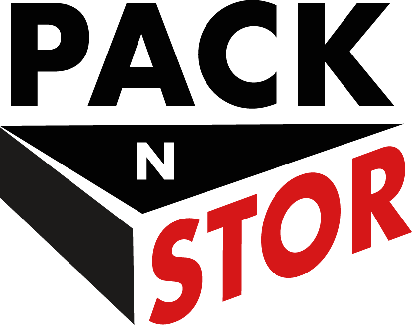 Logo with the text PACK N STOR self-storage in black and red with a stylized 3D box design.