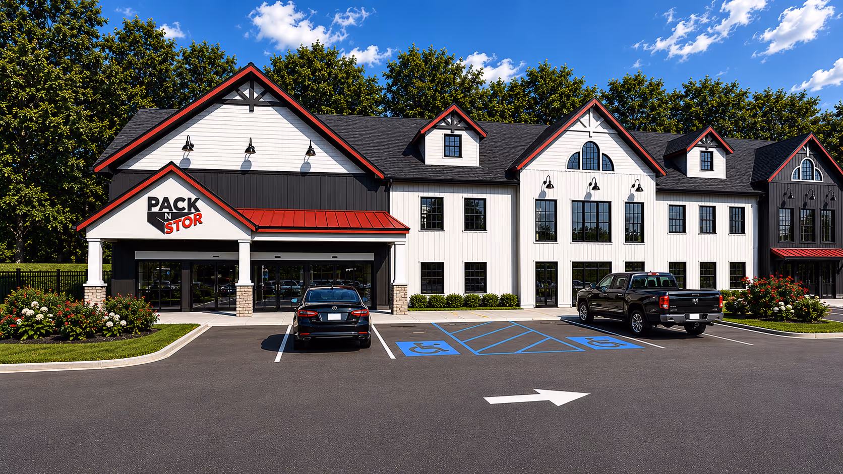 Pack N Stor East Fishkill building with black and white exterior, red roof accents, parking lot, and two parked vehicles.