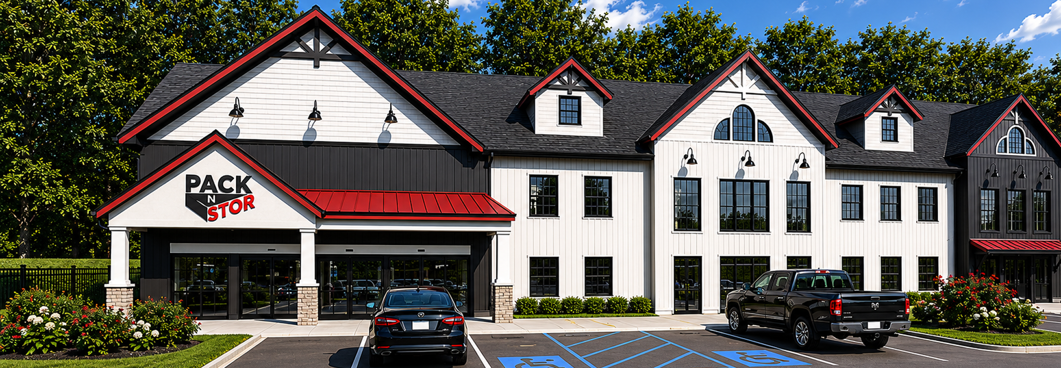 Modern Pack N Stor East Fishkill building with black cars parked in front and landscaped greenery on both sides.