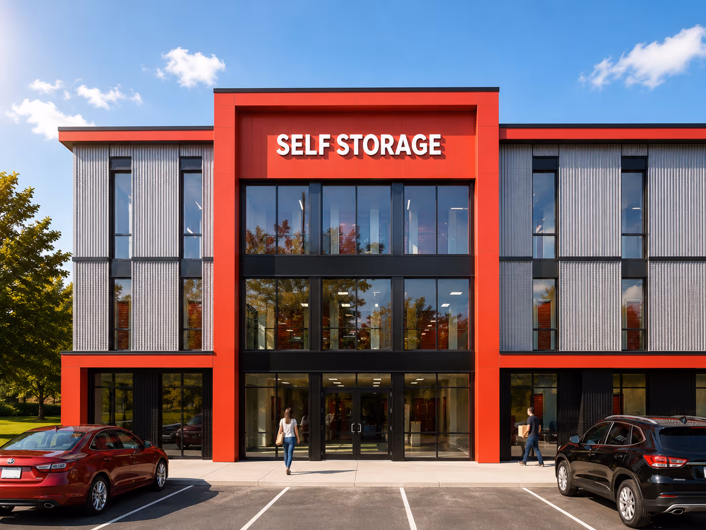 Front view of Pack N Stor East Fishkill NY self-storage facility with glass doors and landscaping.