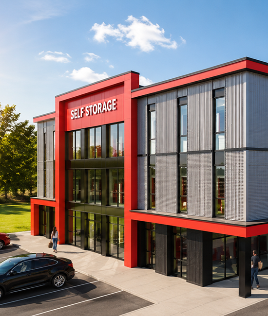Pack N Stor Self-Storage Modern three-story self-storage building with red accents, cars parked outside, and two people near entrance.