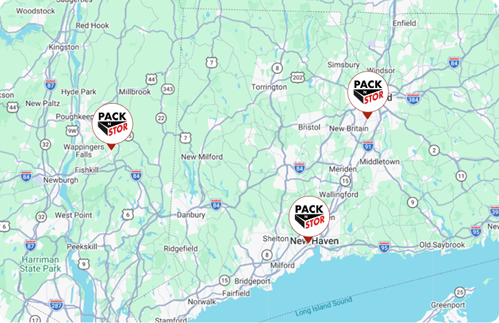 Map showing three Pack N Stor locations West Haven, East Fishkill, Wethersfild. Self-Storage units near Newburgh, Hartford, and New Haven, Connecticut.