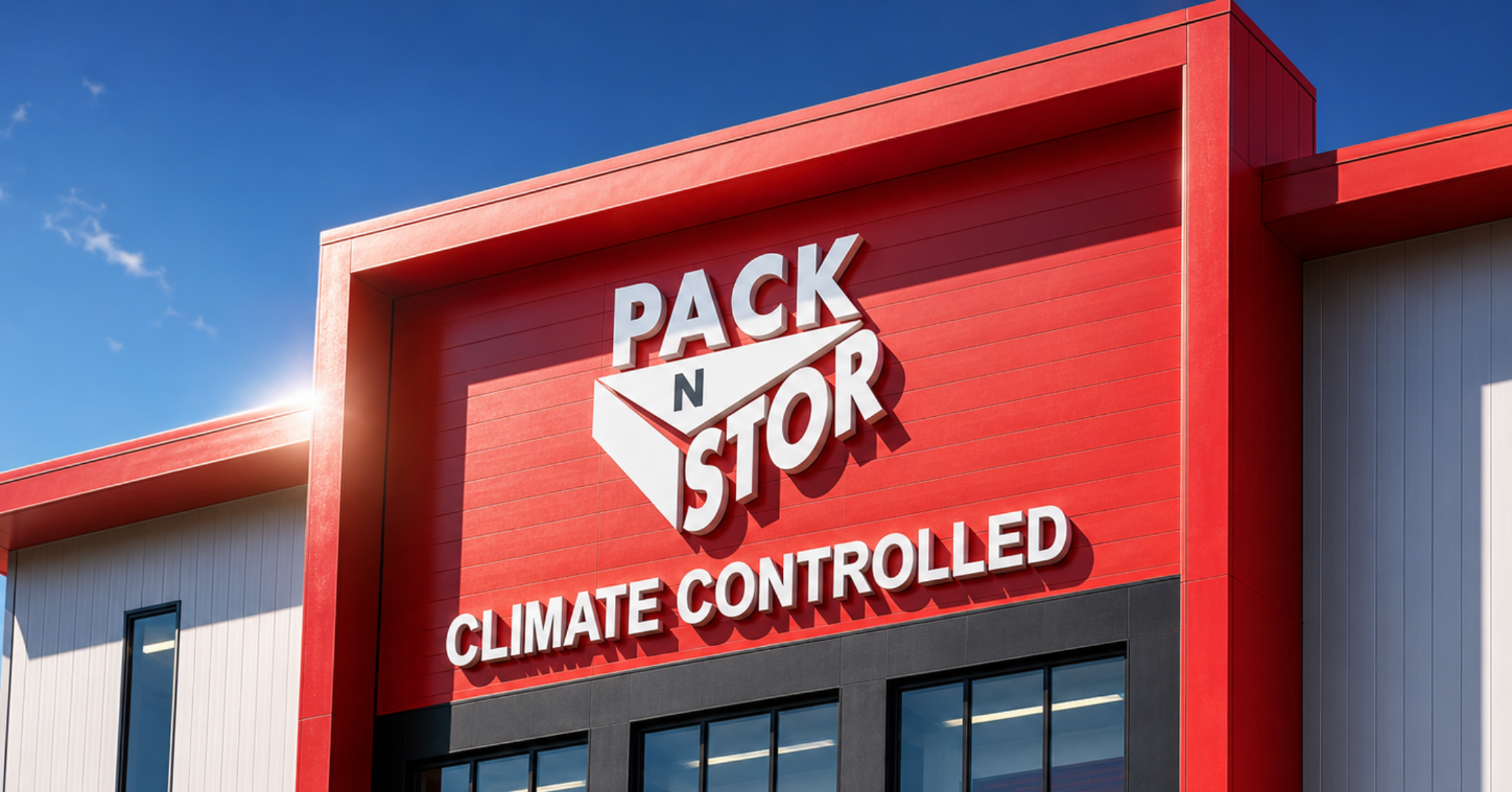 Pack N Stor self-storage West Haven building with large windows and red roll-up doors under clear skies.