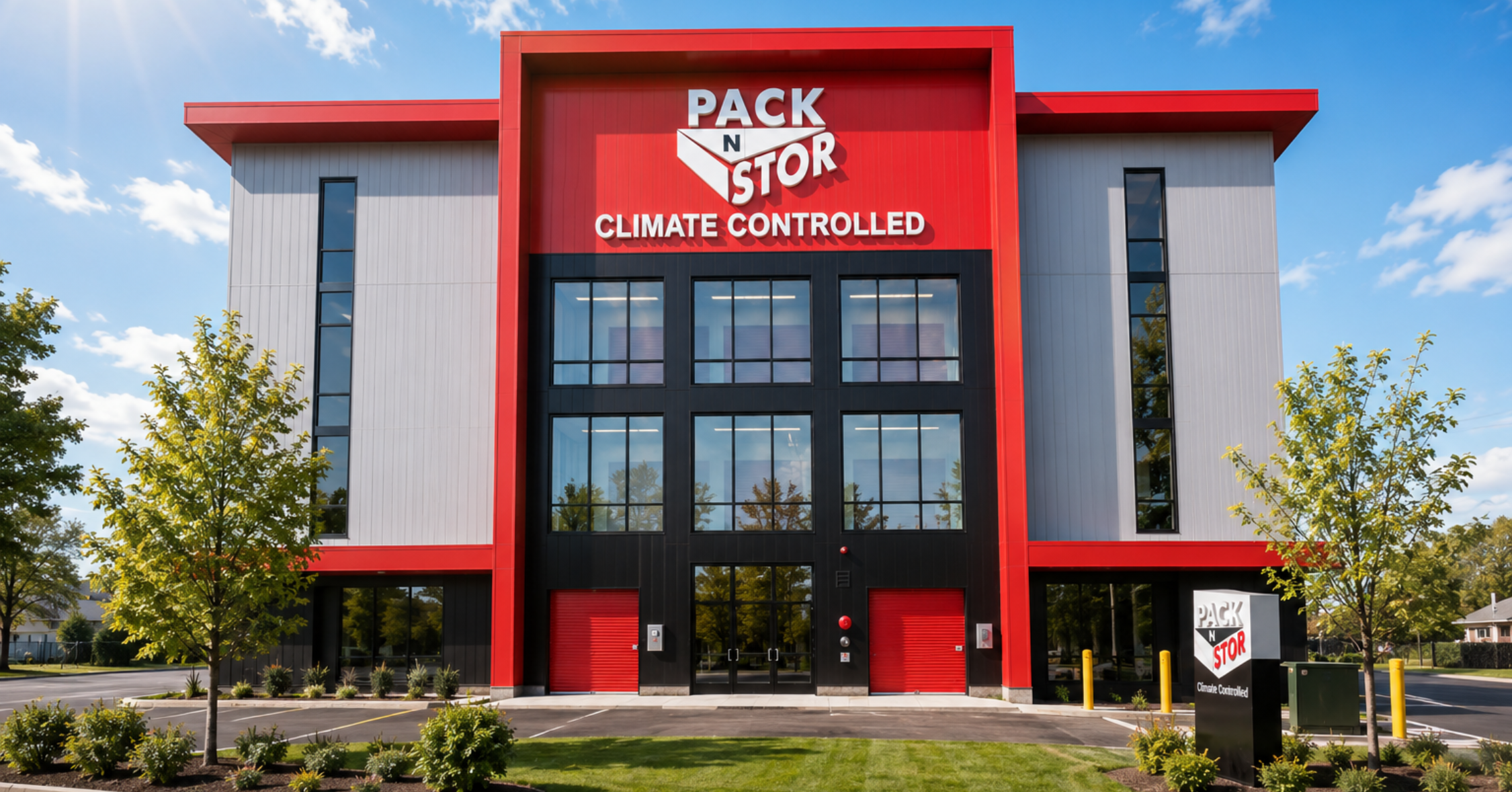 Pack N Stor self-storage West Haven building with large windows and red roll-up doors under clear skies.