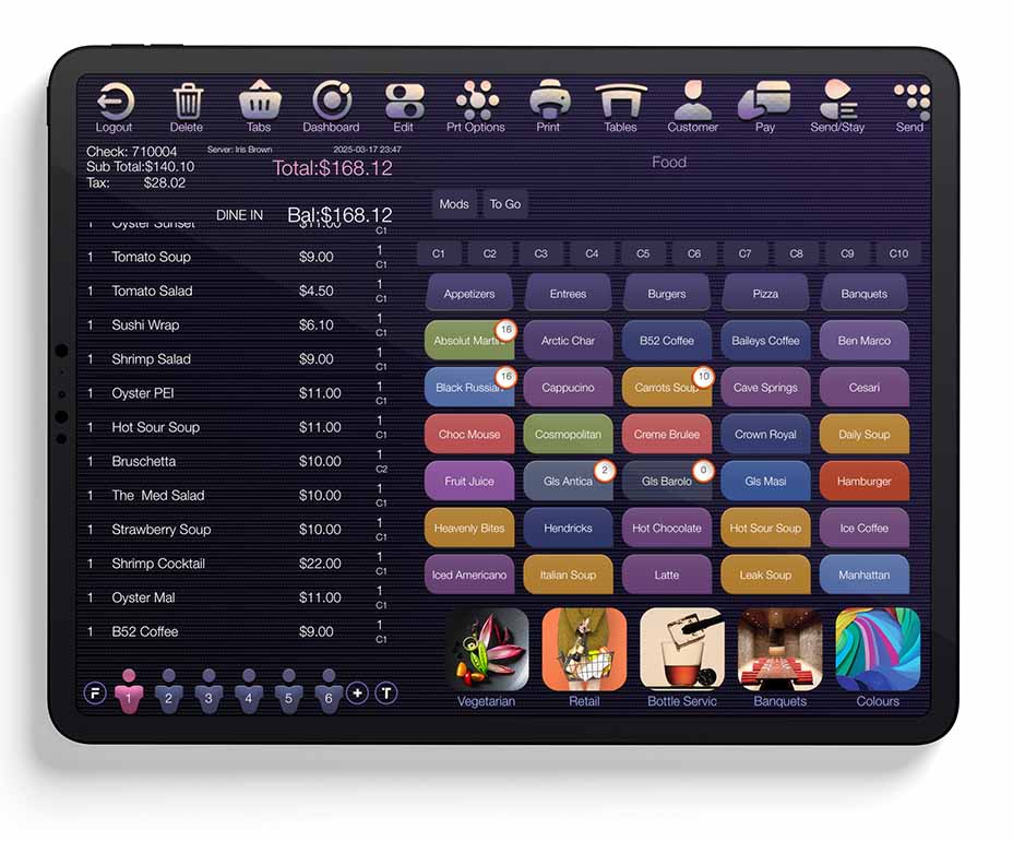 Aireus iPad POS in service — fine-dining check with categories, menu items, and tableside payment