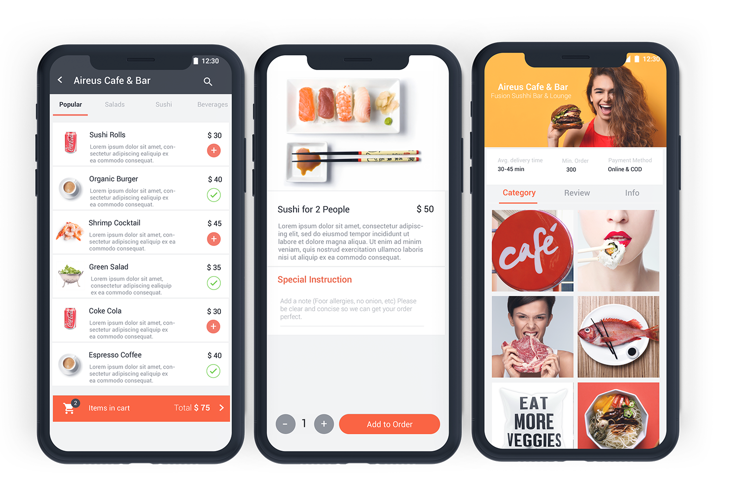 Mobile guest ordering — Aireus Cafe & Bar menu on iPhone with cart