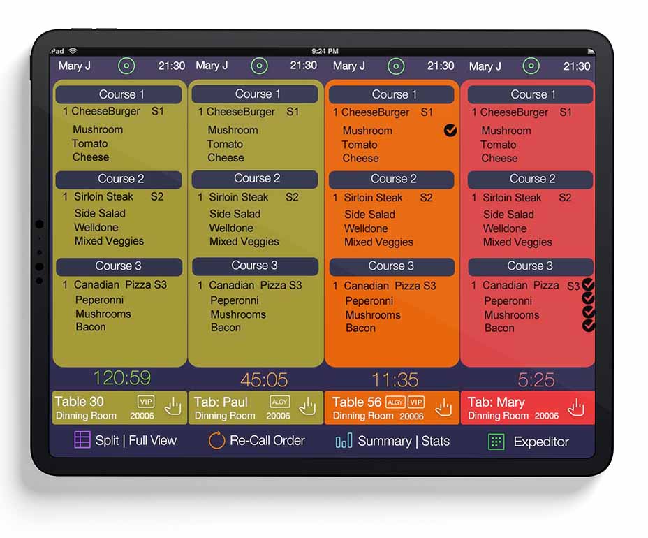 Mobile orders landing in the Aireus Smart KDS — vibrant 4-column ticket view on iPad