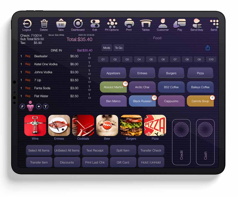 Aireus iPad POS in service — fine-dining check view