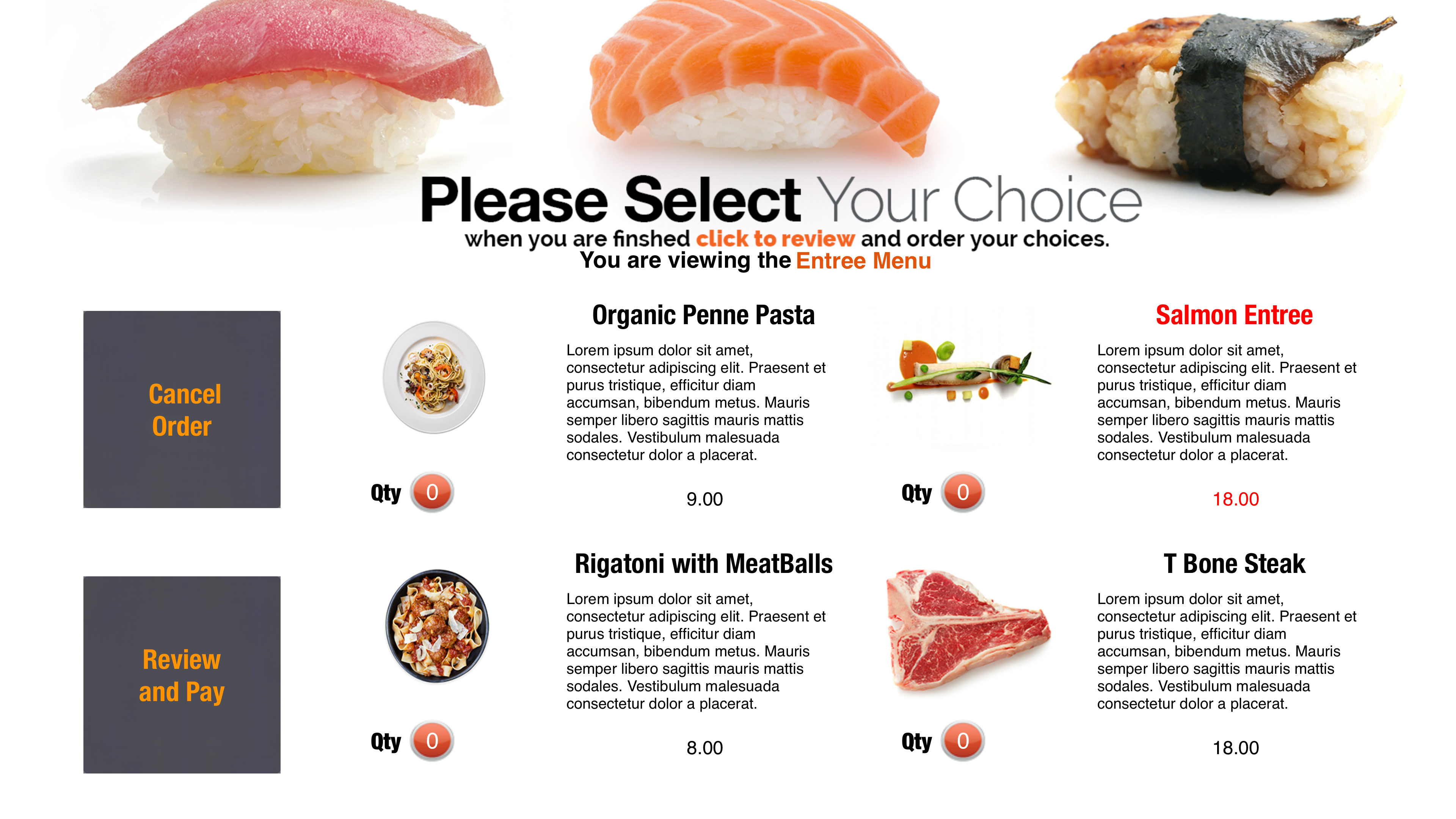 Apple TV in-room dining — please select your choice, entree menu with photos