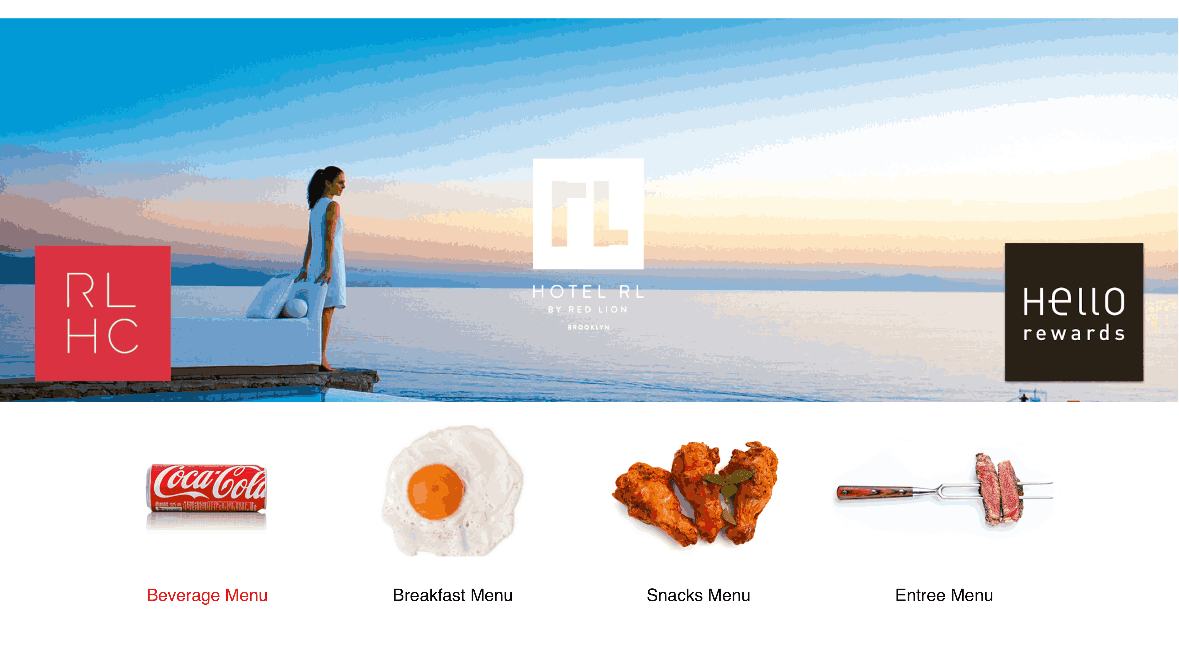 Aireus Apple TV in-room dining home screen — branded hotel menu with lifestyle hero