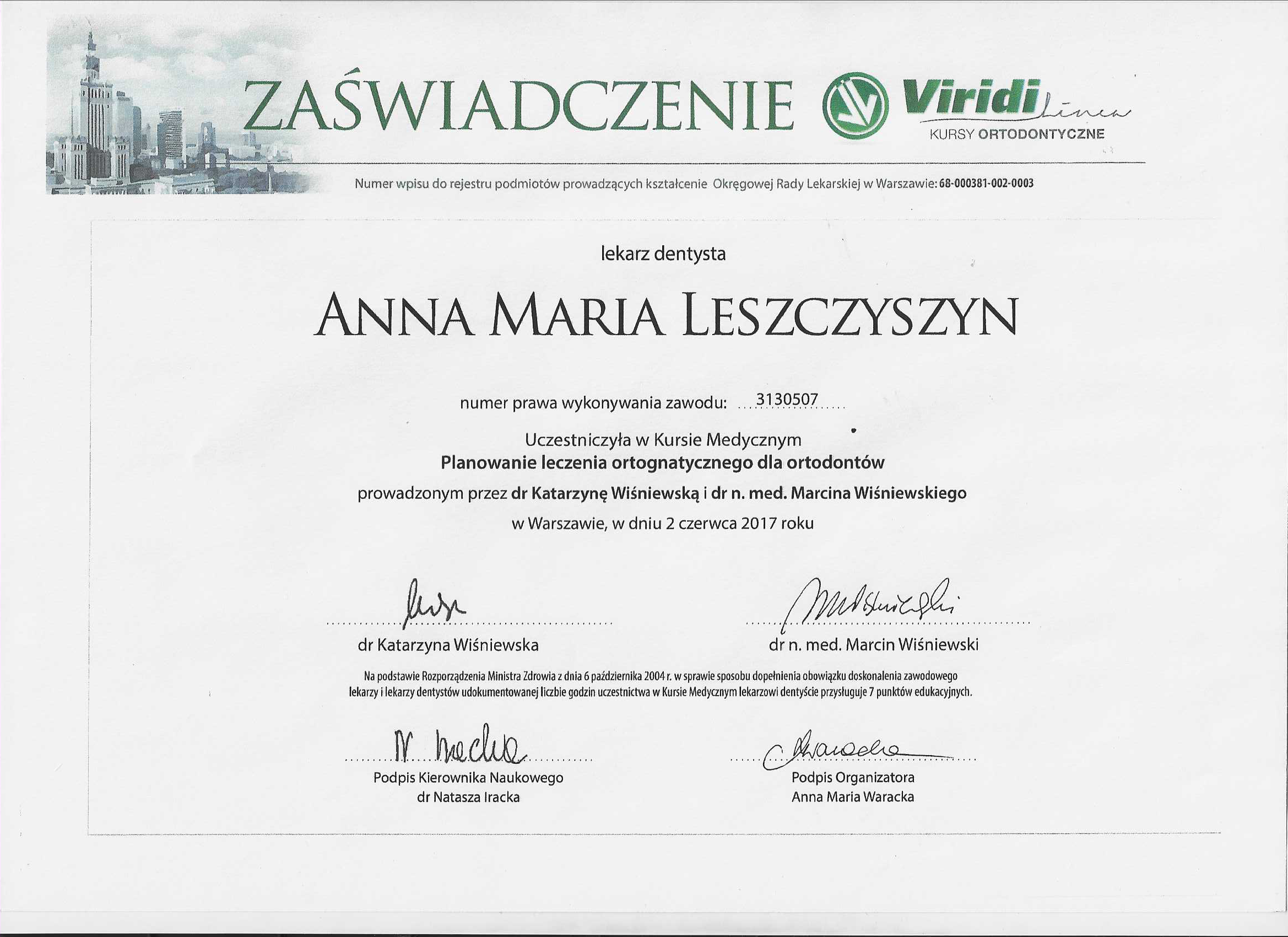 Zaświadczenie dla dentysty Anny Marii Leszczyszyn za udział w kursie planowania leczenia ortognatycznego.