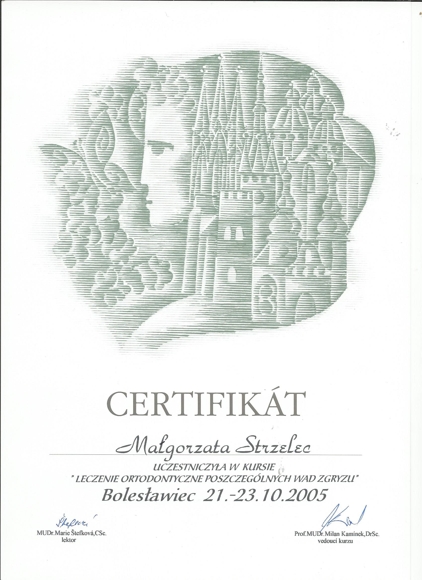 Certyfikat udziału Małgorzaty Strzelec w kursie ortodoncji w Bolesławcu, październik 2005.
