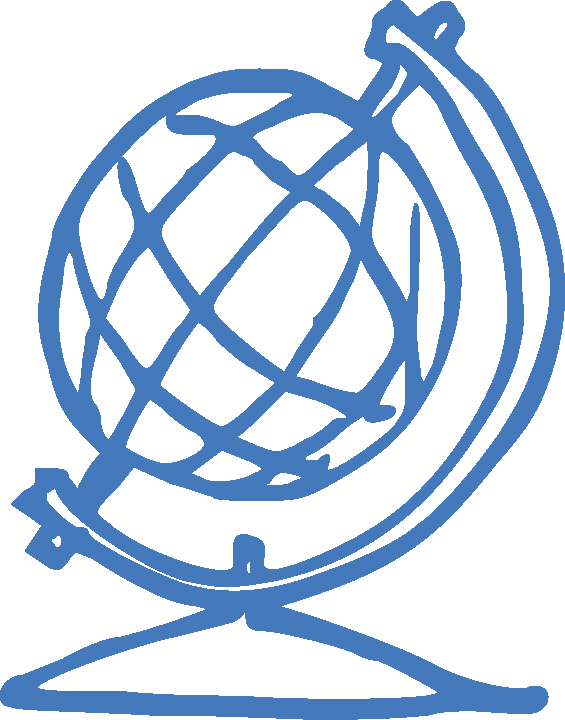 Blue sketch of a globe on a stand with latitude and longitude lines.