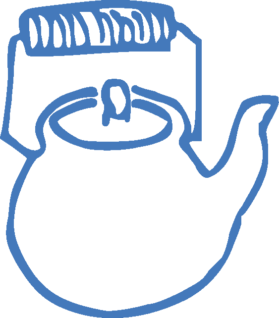 Blue line drawing of a teapot with a rectangular object with vertical lines on top
