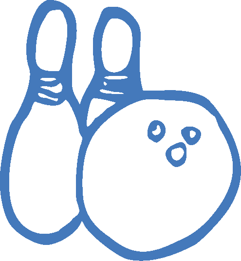 Blue line drawing of two bowling pins and a bowling ball with three holes.