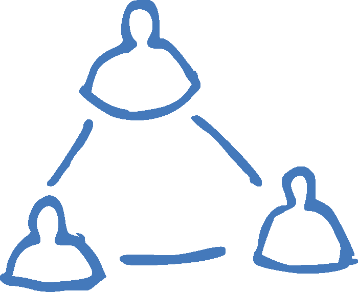 Blue sketch of three abstract people connected by three lines forming a triangle.